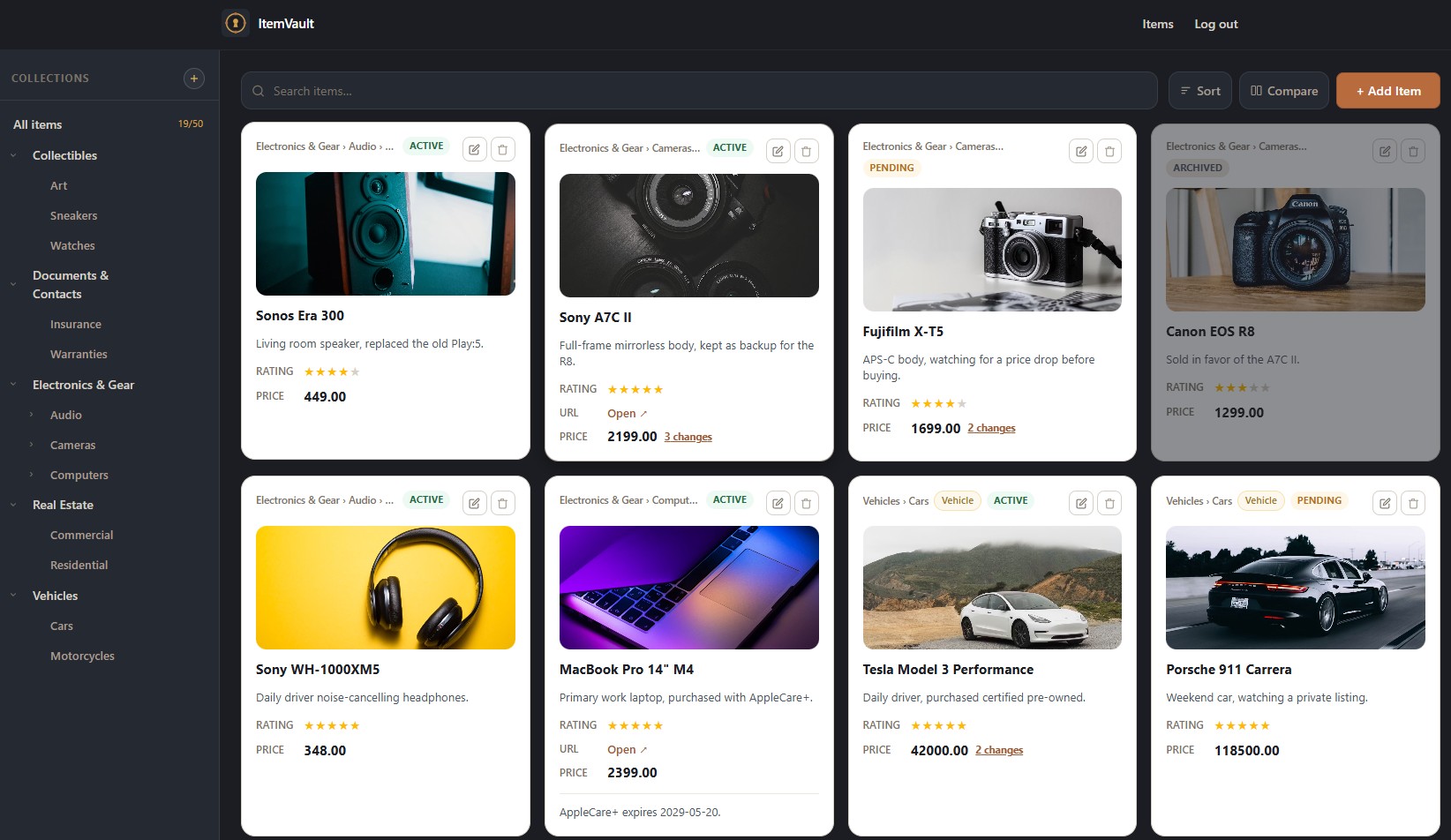My Item Vault dashboard showing saved items grouped by category