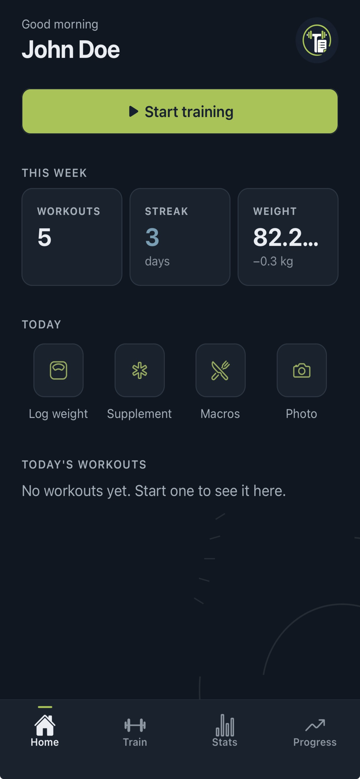Progressory home screen showing this week's workout count and streak, quick actions, and today's Chest workout flagged as a personal record